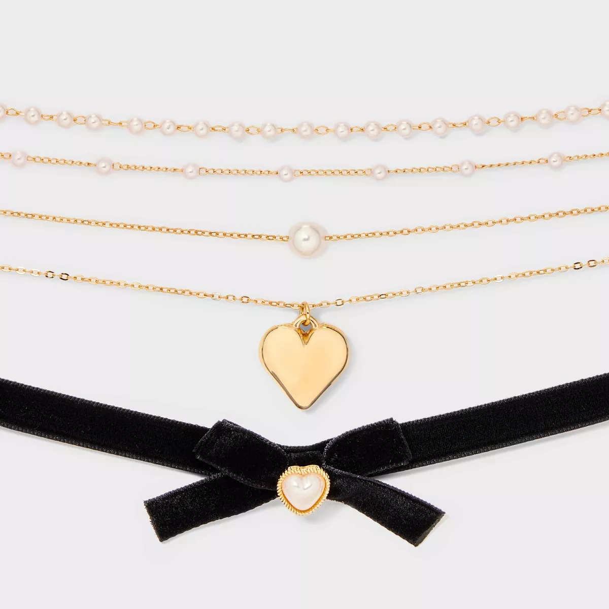 Dainty Chain with Hearts & Bows Simulated Pearl Choker Set