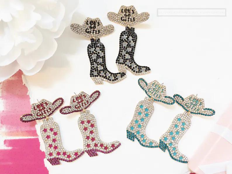 Cowboy Boots & Hat Earrings | Let’s Go Girls Western Earrings | Crystal Statement Earrings | Bachelorette Bridesmaids Gift | Dangle Earrings