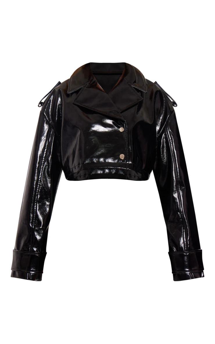 Black Patent Faux Leather Cropped Trench