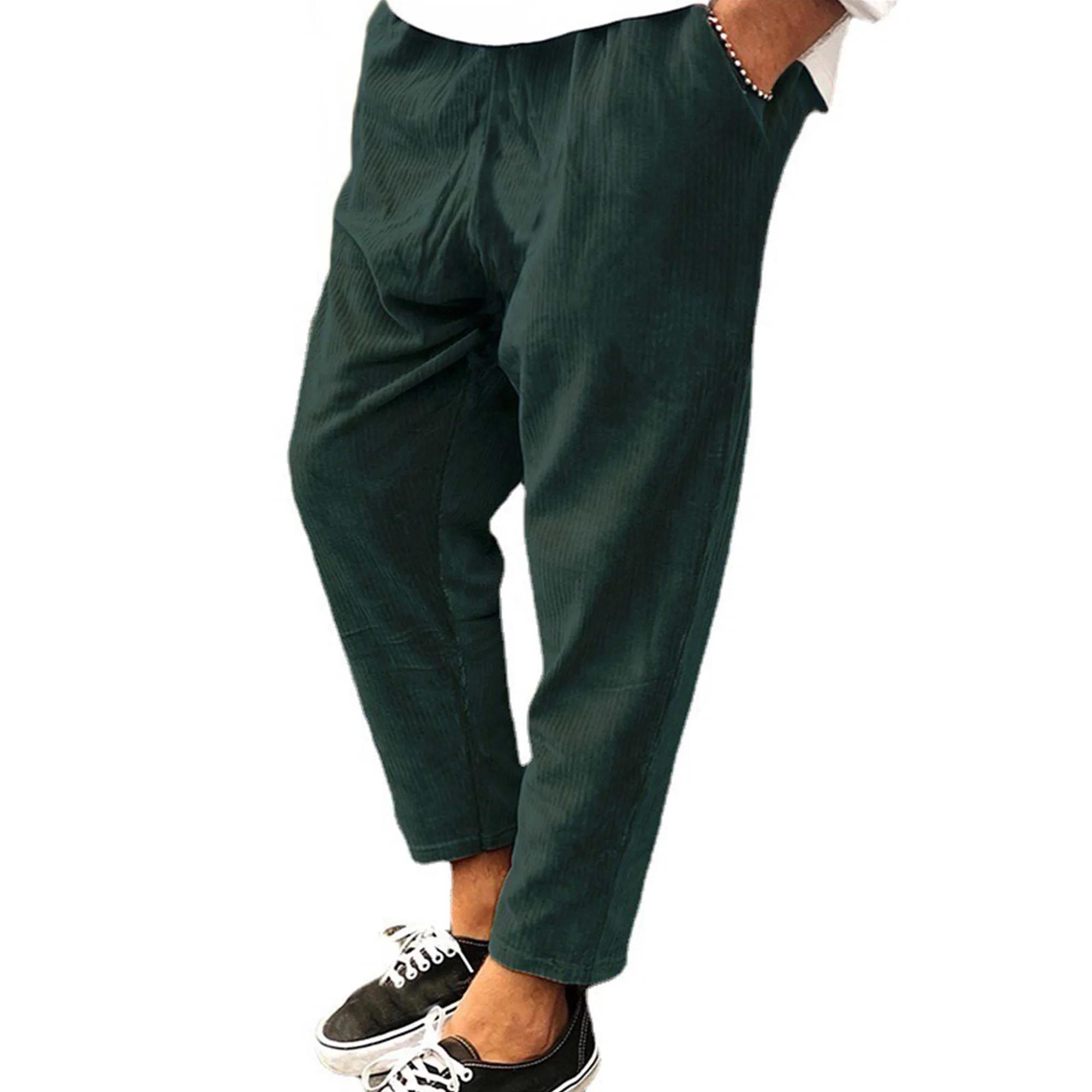 Capreze Mens Corduroy Bottoms Casual With Pockets Cropped Pant Fall Trousers Straight Leg Pants Green 5XL