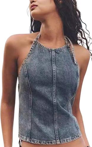 Women's Y2K Denim Vest Sexy Sleeveless Halter Neck Side Buckle Crop Top Cargo Slim Fitted Jean Vest