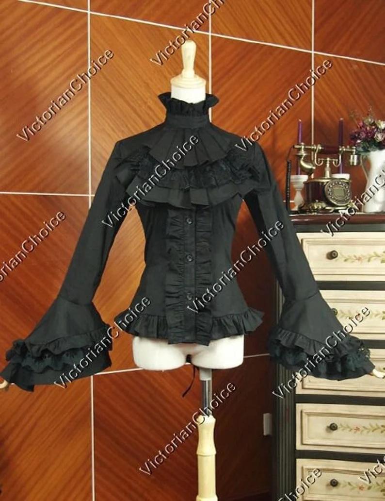 Black Victorian Gothic Women Cotton Blouse Jabot, Georgian Style Jabot Shirt, Steampunk Punk Gothic Horror Witch Shirt Top Halloween Costume