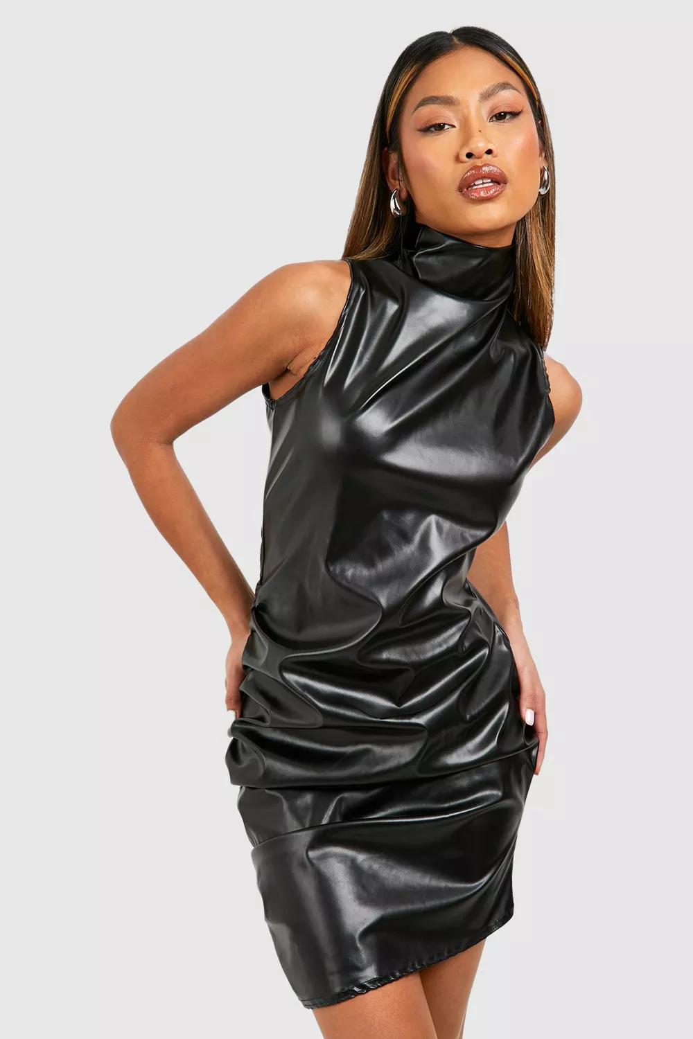 High Neck Ruched Pu Mini Dress