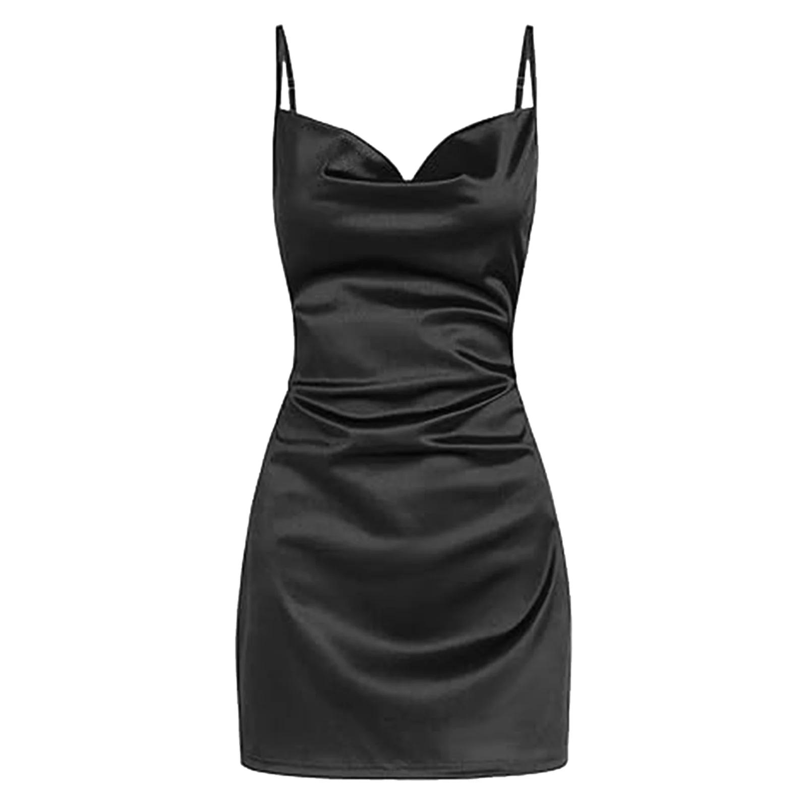 Siilsaa Women's Satin Sleeveless Spaghetti Strap Mini Dress Sexy Slip Cowl Neck Silky Party Dresses Black,XS