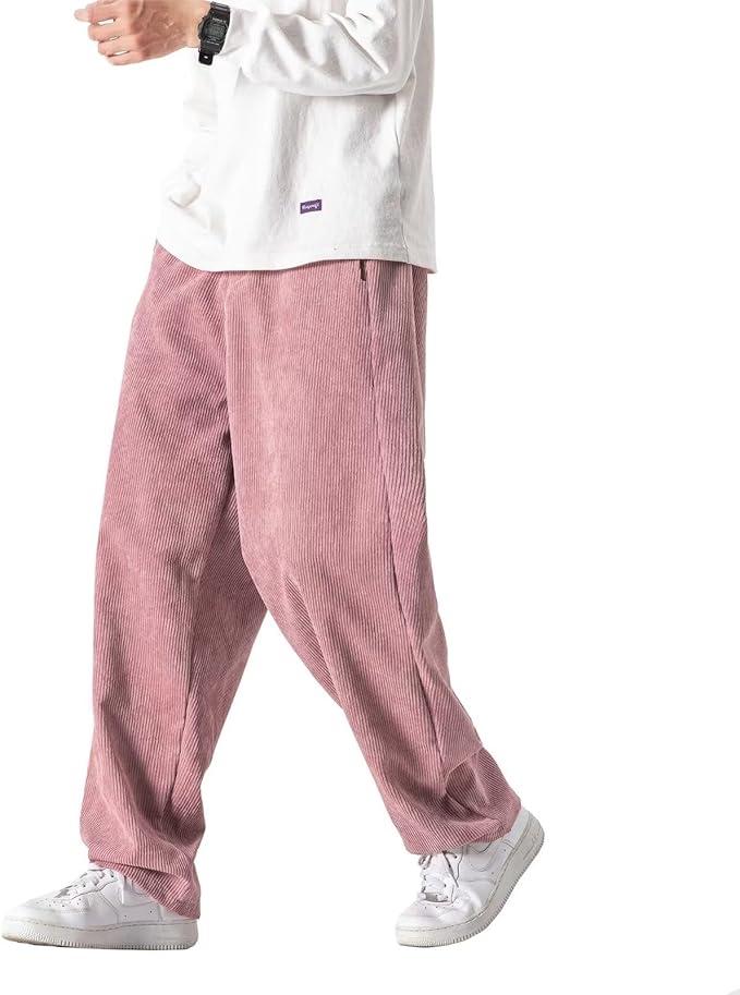 Men's Corduroy Pants Expandable Waist Baggy Pants Casual Loose Fit Relaxed-fit Cotton Pink