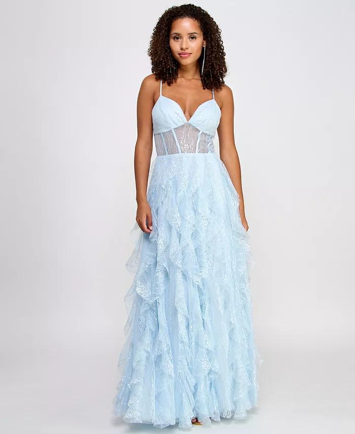 Juniors' Lace Corset Ruffled Gown