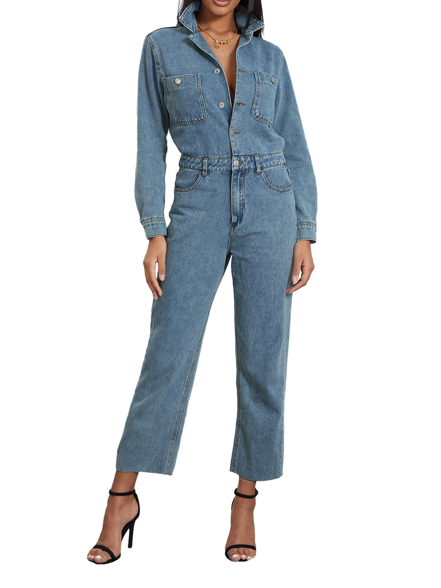 IMISSILLEB Solid Color Buttons Turn-Down Collar Denim Long Playsuit Full Length Jeans Rompers Overalls Women Denim Jumpsuit(XS-L)