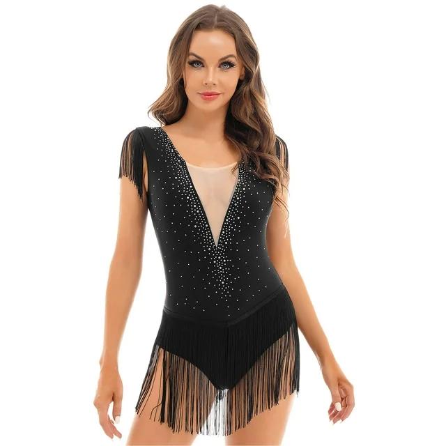 CHICTRY Womens Figure Skating Dance Bodysuit Shiny Rhinestone Tassels Skirted Leotard Latin Cha-Cha Dancewear Black L